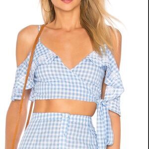 TULAROSA Molina Cropped Pastel Blue Gingham Wrap Blouse Size XS by Revolve